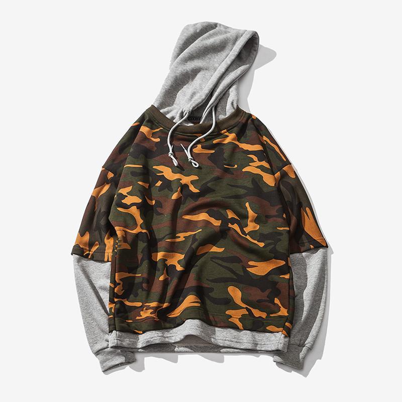 Camouflage Drop Shoulder 2 Layered Hooded Shirt