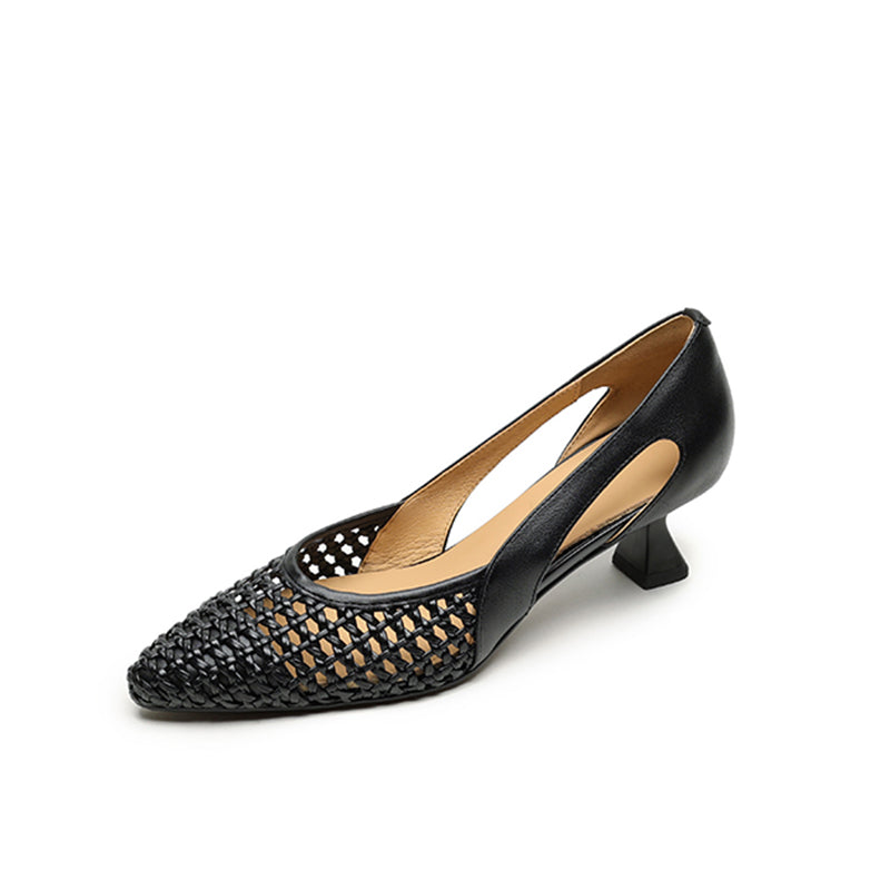 Pointed Toe Woven Kitten Heel Pumps Hollow Out Leather Fashion Office Shoes in Black/Beige/Silver