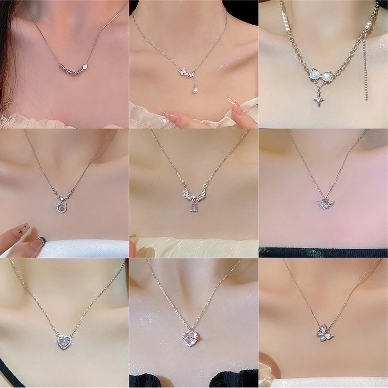 Minimalist Heart Shape Flower Bow Knot Titanium Steel Copper Plating Inlay Artificial Gemstones Pendant Necklace