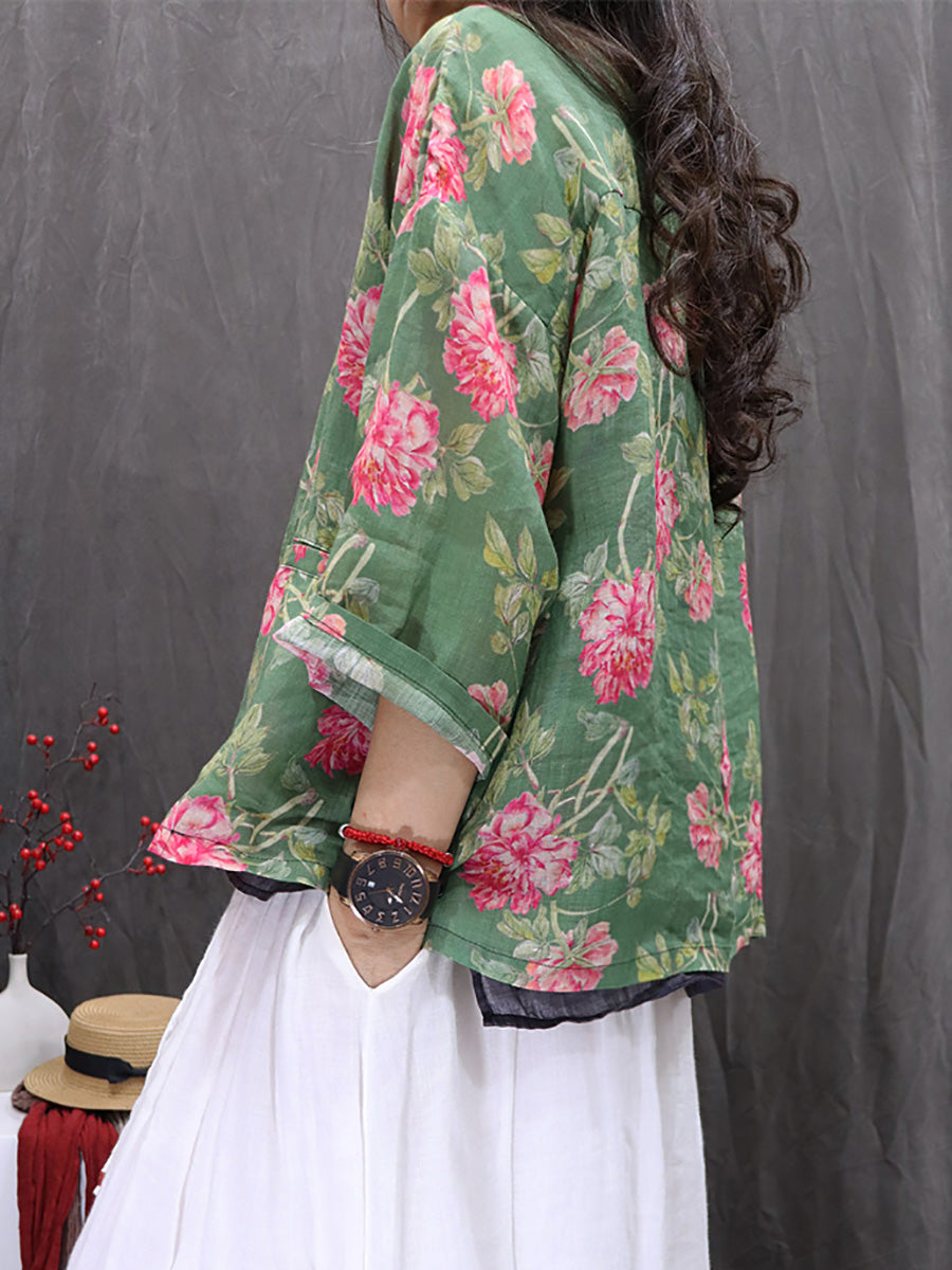 Women Spring Artsy O-Neck Flower 100%Ramie Shirt