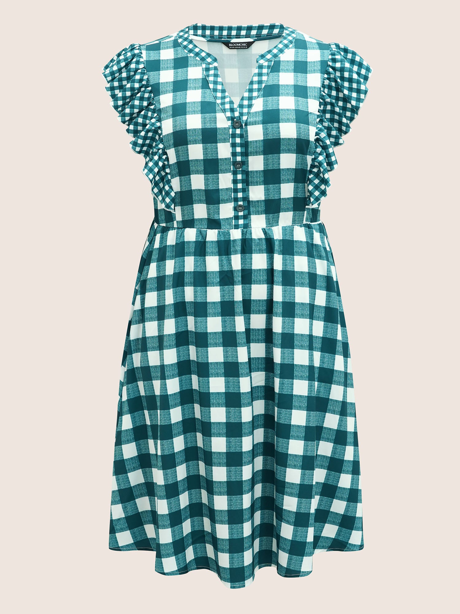 Plaid Notched Ruffle Cap Sleeve Midi Dress