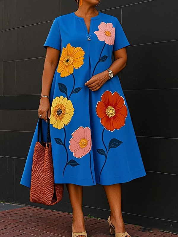 A-Line Loose Flower Print V-Neck Midi Dresses