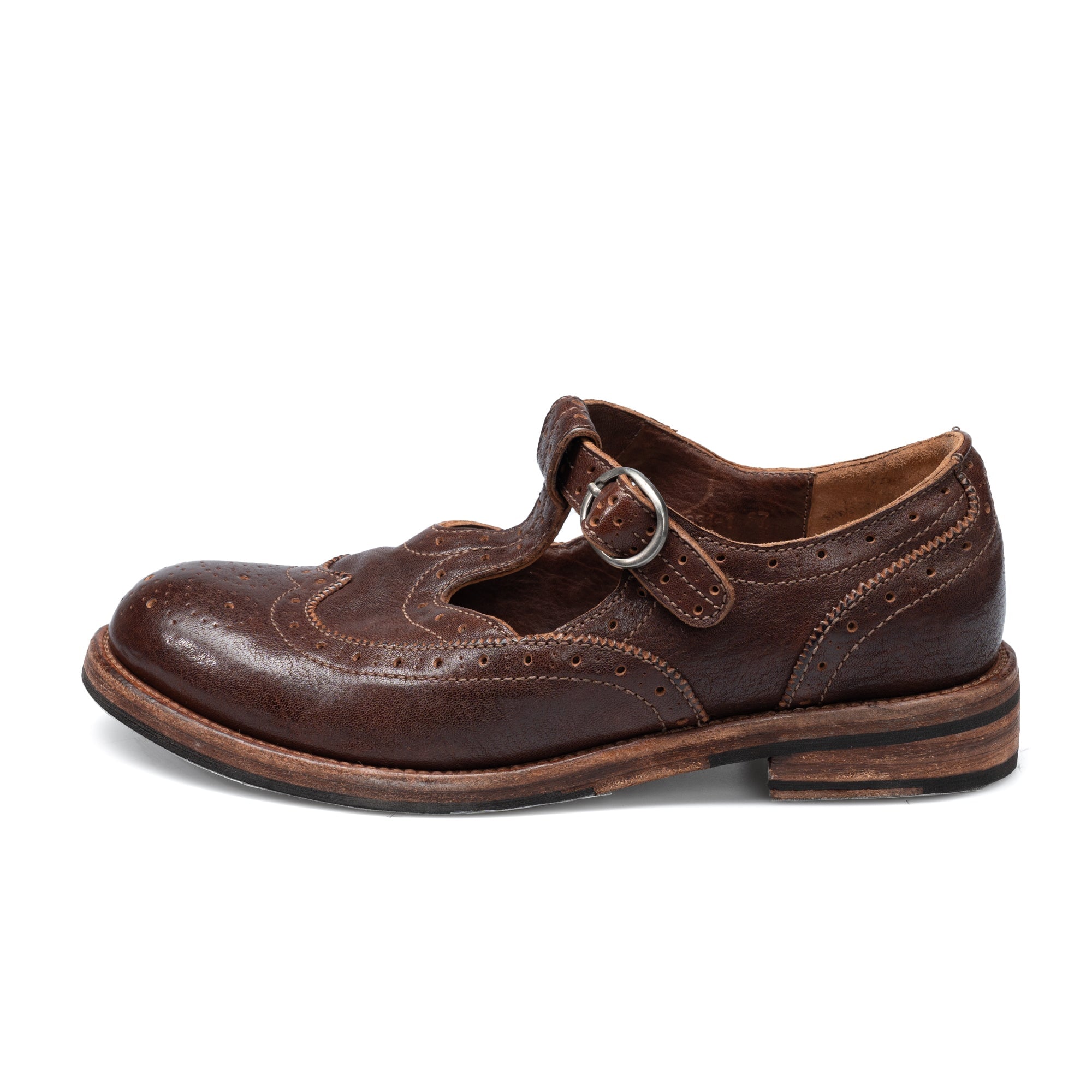 Hand Stitching Horse Leather Brogue Mary Jane Shoes For Women in Coffee/Black