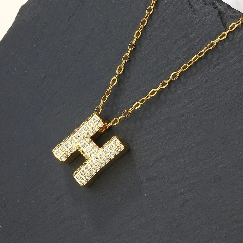 Copper 18K Gold Plated Casual Minimalist Inlay Letter Zircon Pendant Necklace