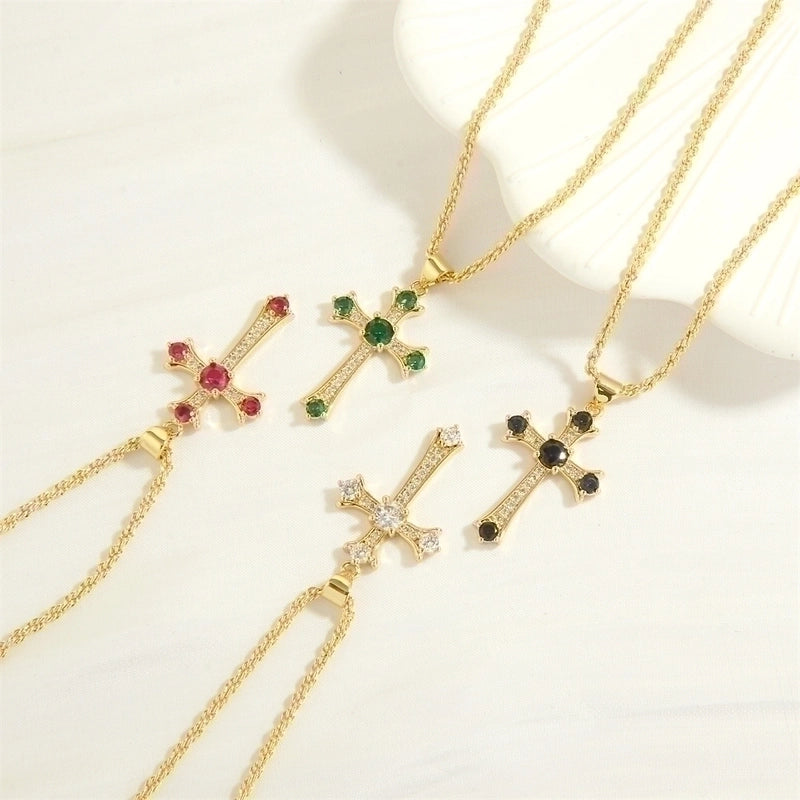 Minimalist Cross Heart Shape Copper 18k Gold Plated Zircon Pendant Necklace In Bulk