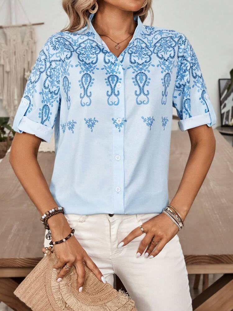 Ladies' Blue Abstract Pattern Summer Top Shirt