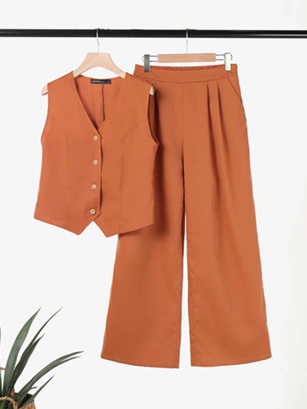 Plus Size Loose Solid Color Split-Joint V-Neck Vest + Elasticity Pants Two Pieces Set
