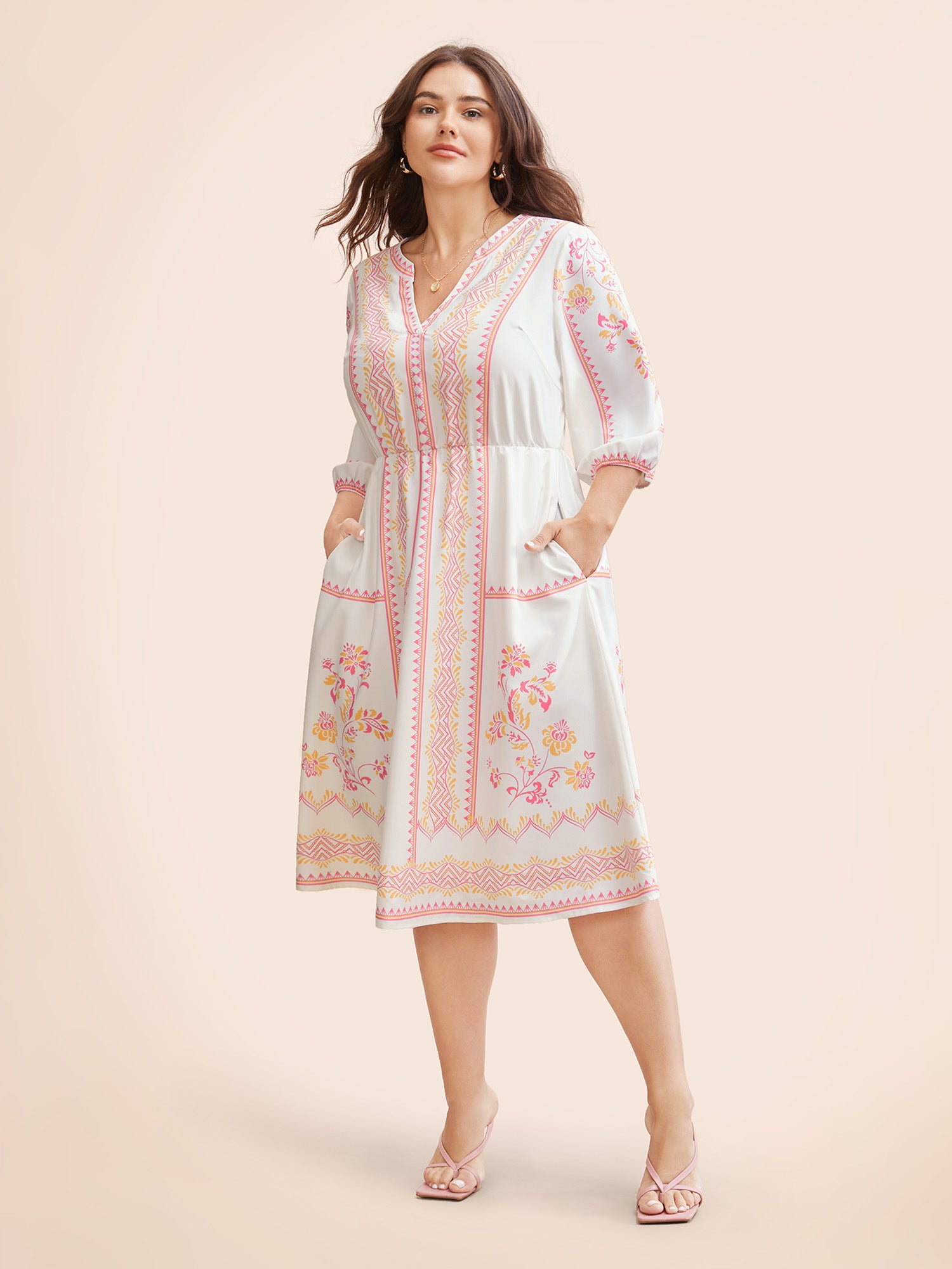 Bandana Notched Collar Lantern Sleeve Dress