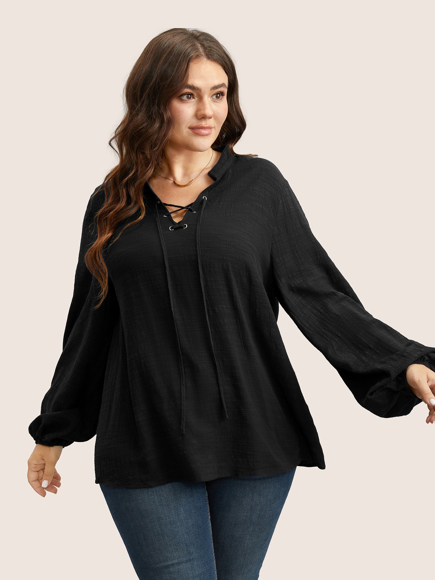 Plain Lace Up Lantern Sleeve Blouse