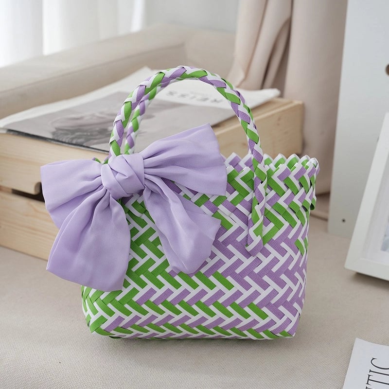 Women's Small PVC Stripe Bow Knot Cute Weave Square Open Handbag