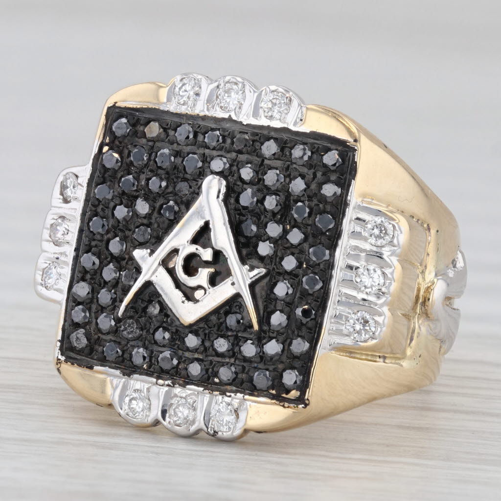 0.62ctw Black White Diamond Masonic Ring 18k Gold Square Compass Blue Lodge