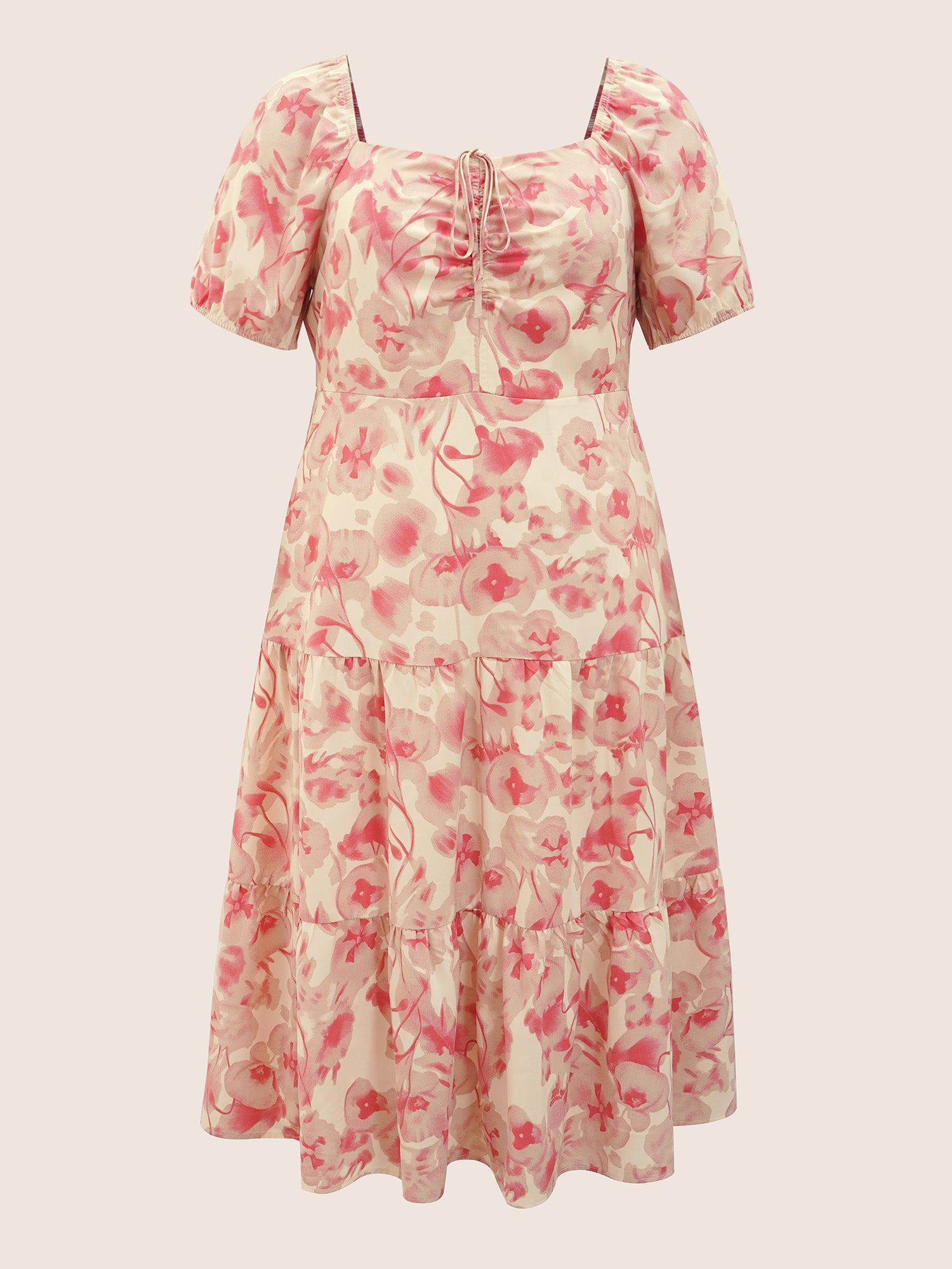 Floral Drawstring Tie Knot Puff Sleeve Midi Dress