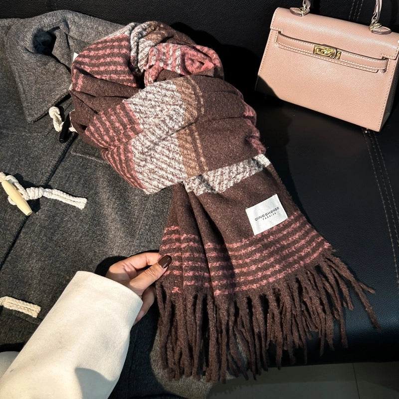 Unisex Retro Lattice Polyester Tassel Scarf