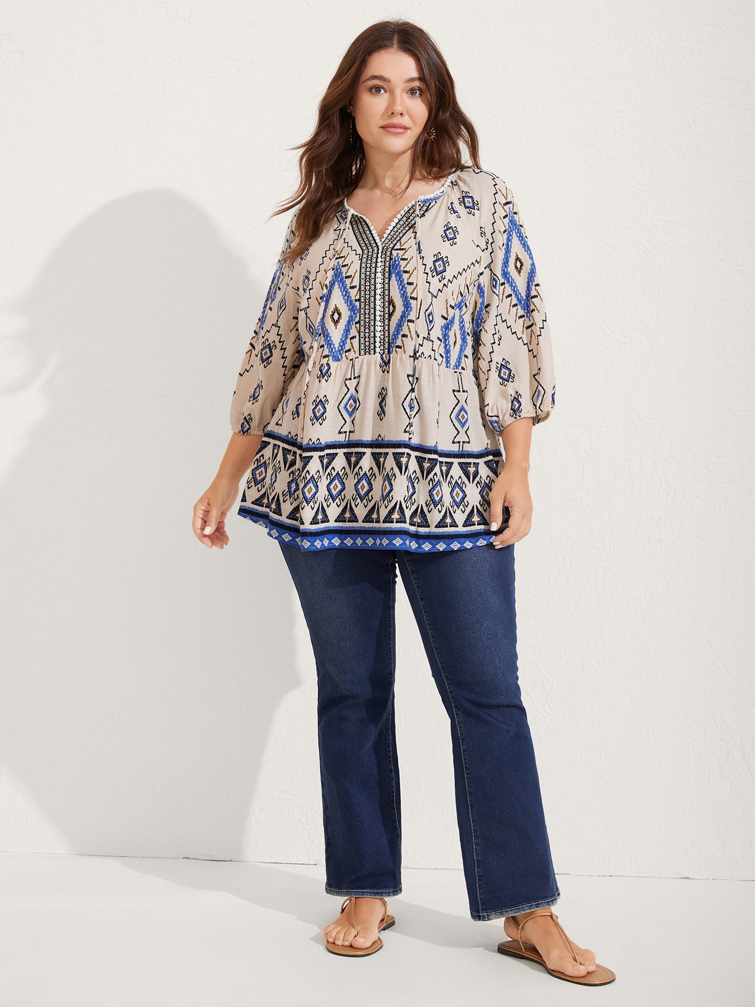 Boho Print Lace Detail Neck Tie Blouse