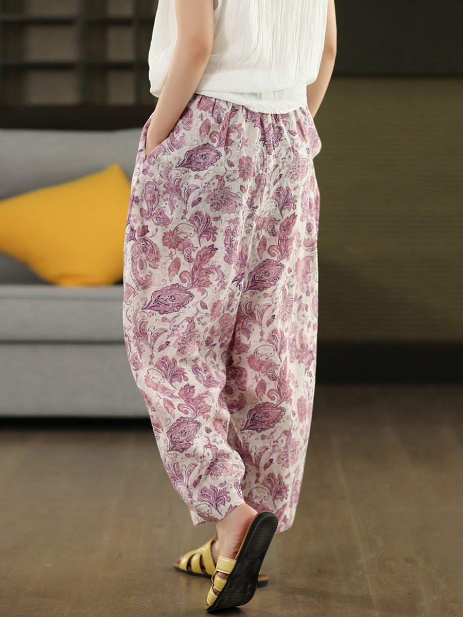 Women Artsy Summer Flower 100%Linen Harem Pants