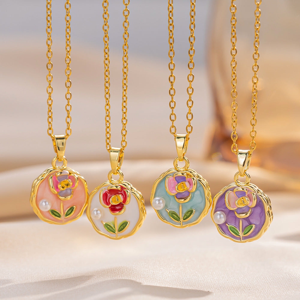 Copper Pendant Enamel Flower Necklace Female Fashion Niche Clavicle Chain