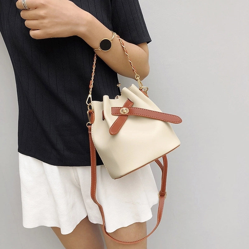 Women's Medium Pu Leather Color Block Streetwear Bucket Open Shoulder Bag Crossbody Bag