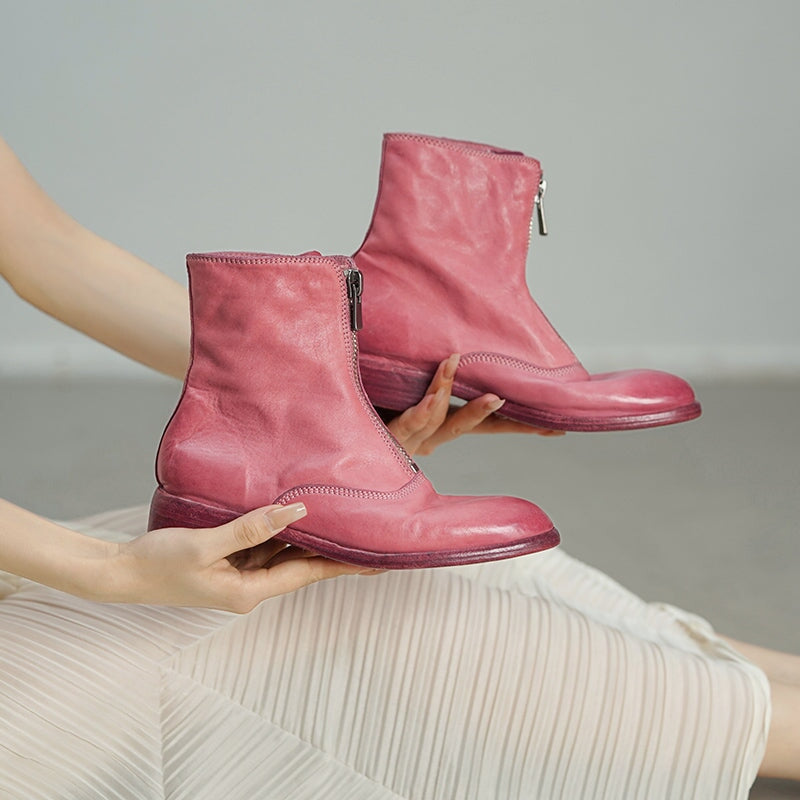 Washed Horse Leather Ankle Boots Front Zip Short Boots For Women in Black/Pink/Red/Grey