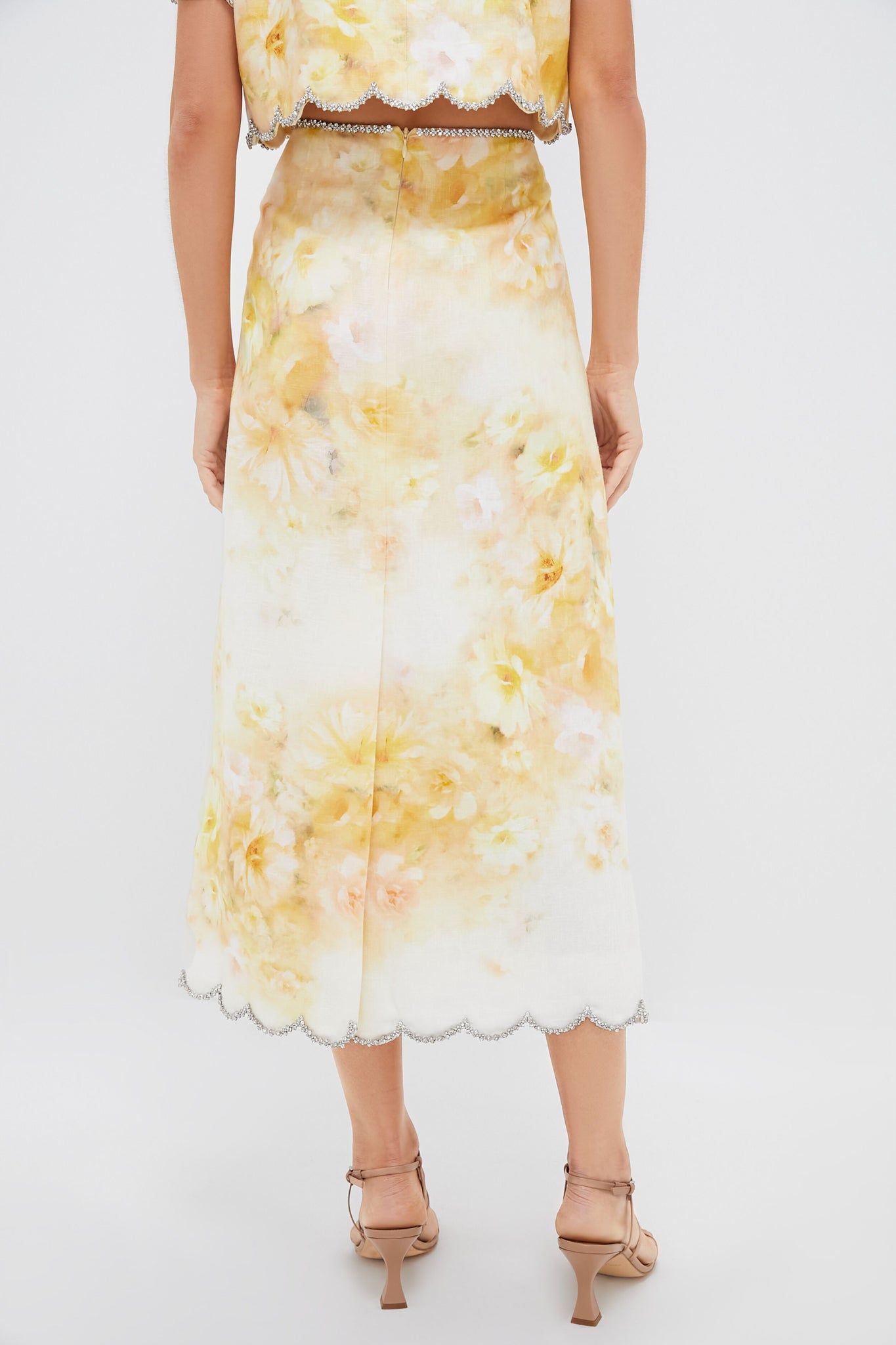 Yellow Floral Crush Scalloped Midi Skirt