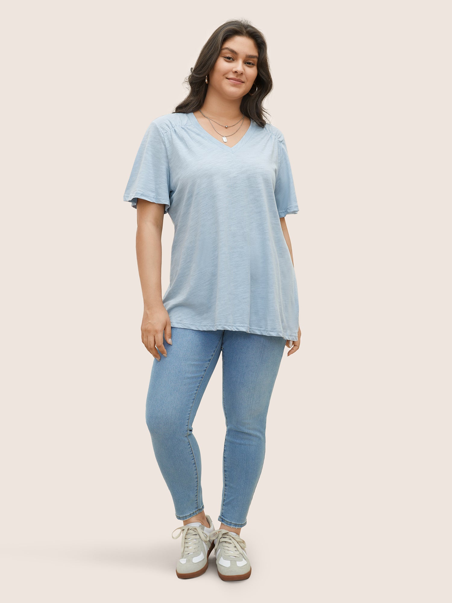 Plain Ruffle Sleeve Heather V Neck T-shirt