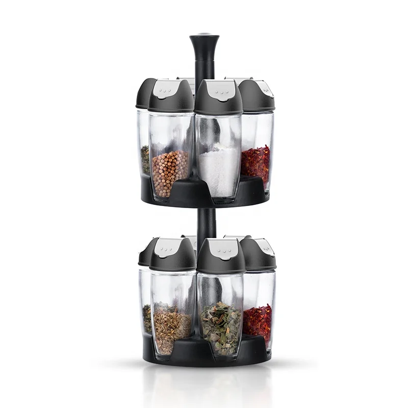 Hot Sale Rotating Spice Rack Organizer set Glass seasoning Jar Condiment Bottles for Kitchen Countertop