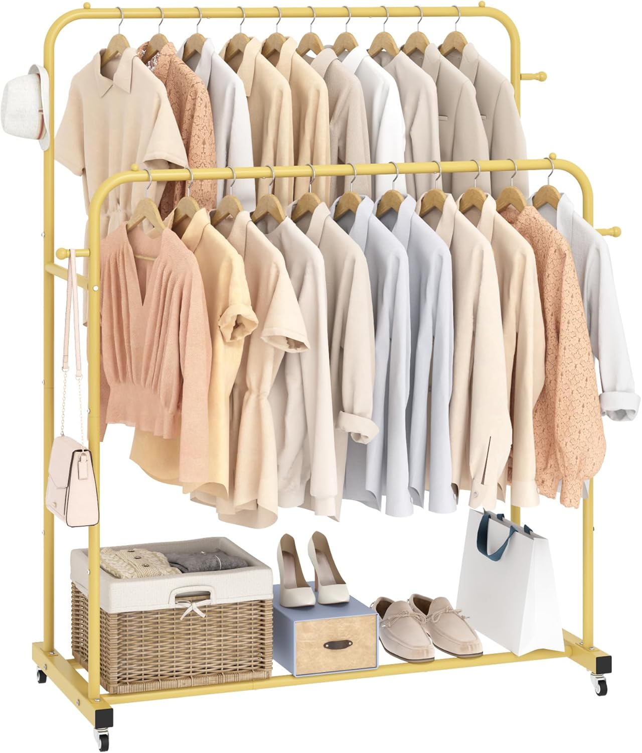Laiensia Double Rods Garment Rack with Wheels, Clothing Rack for Hanging Clothes,4 Hooks, Multi-functional Bedroom Clothes Rack, Black
