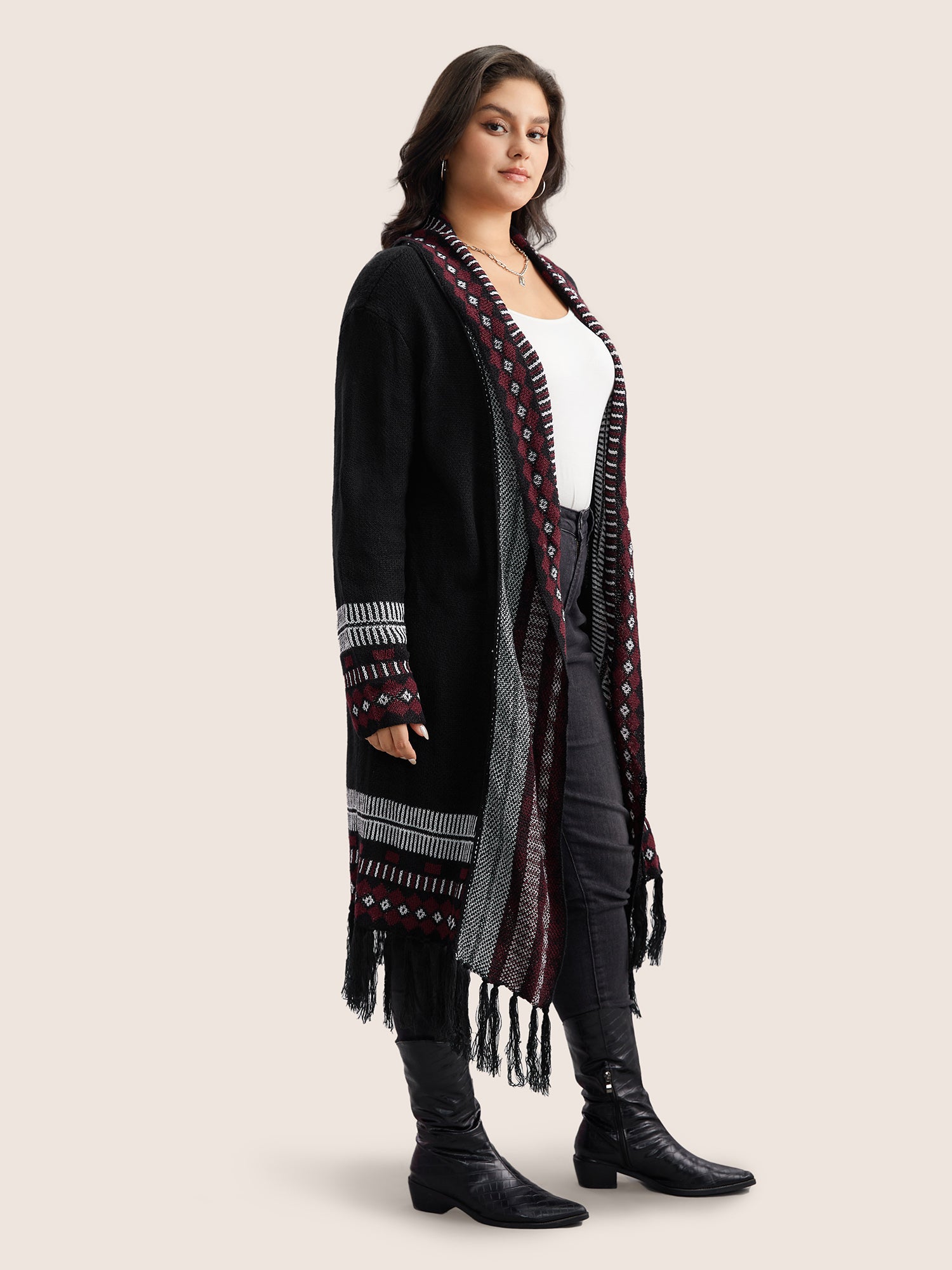 Bandana Print Fringe Trim Maxi Cardigan