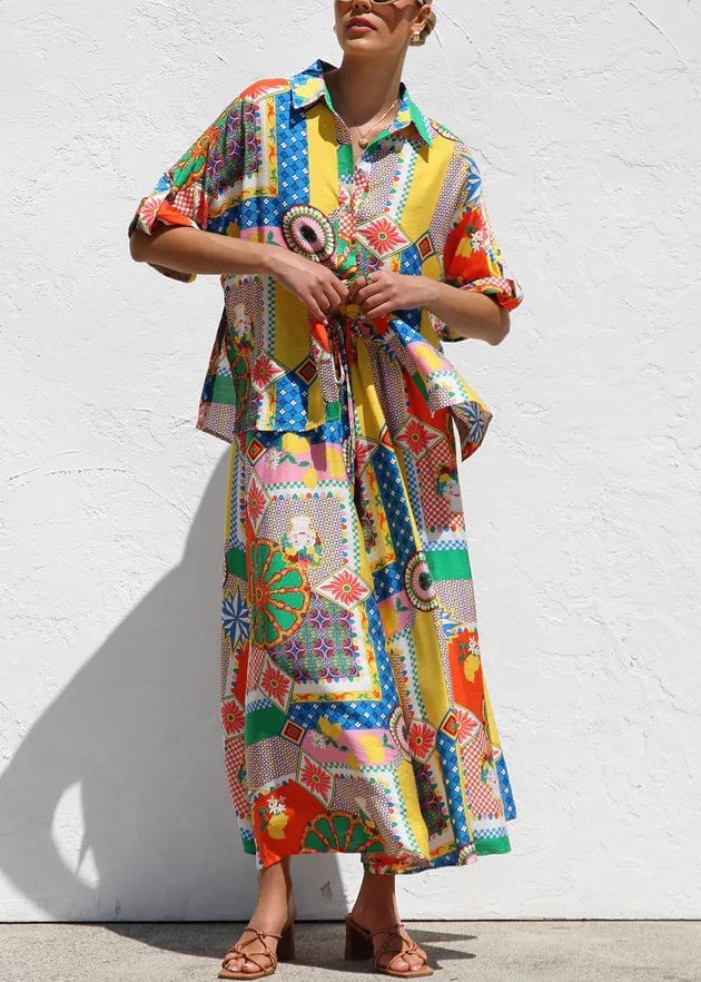 Boho Print Shirts And Maxi Skirts Two Piece Set Short Sleeve