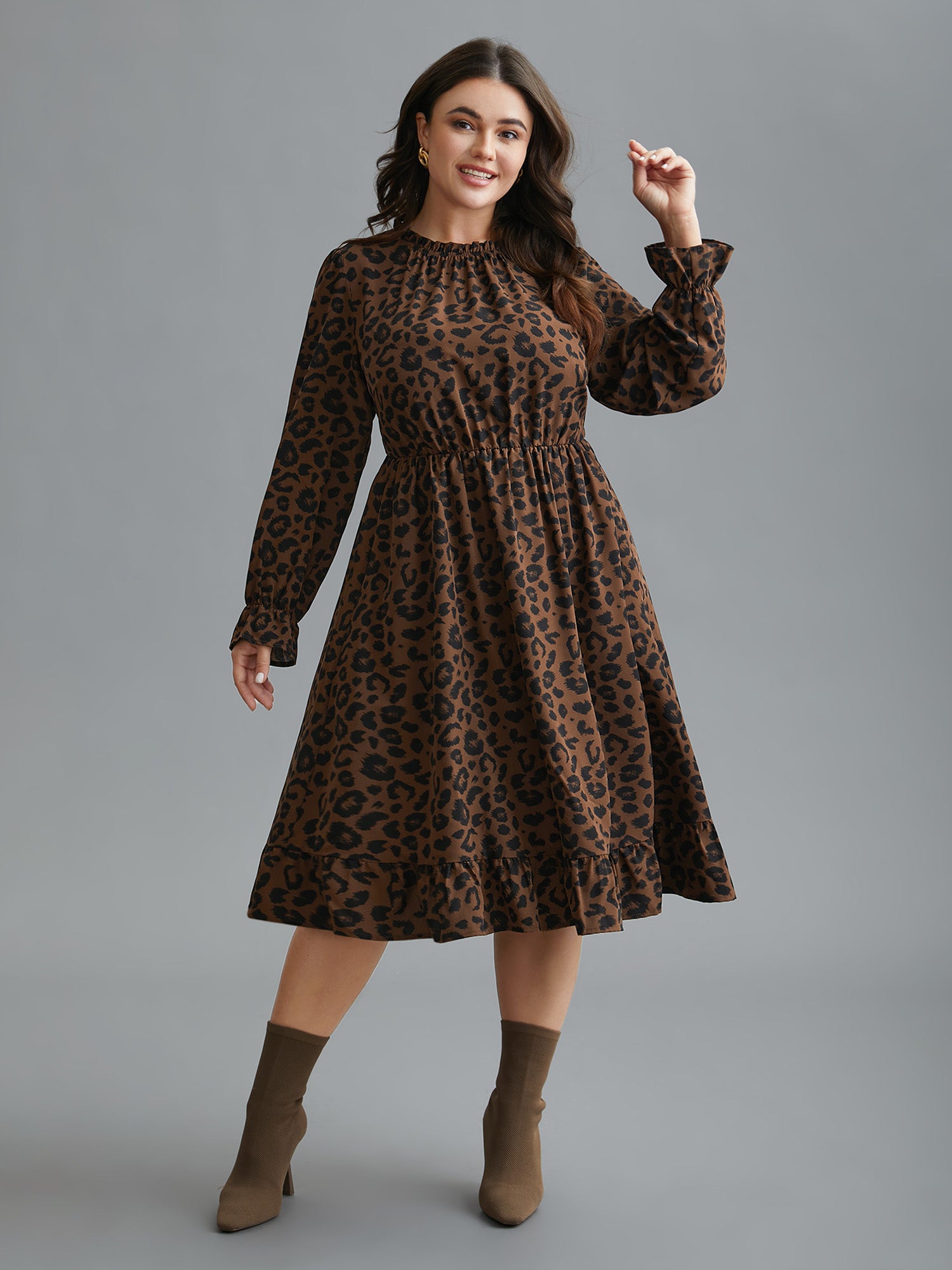 Leopard Print Ruffles Mock Neck Elastic Waist Dress