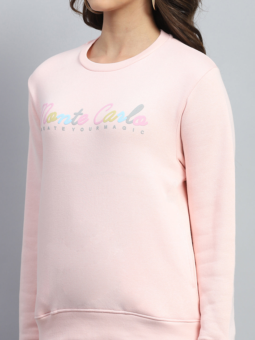 Women Pink Printed Round Neck Full Sleeve Sweatshirt