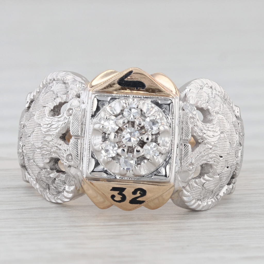 Diamond Scottish Rite Masonic Eagle Ring 10k Gold 32nd Degree Signet Size 10.25