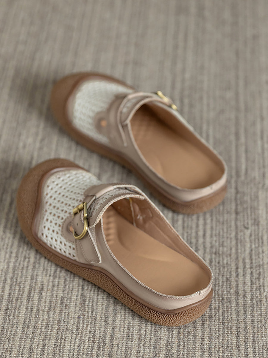 Women Summer Colorblock Leather Flat Slippers