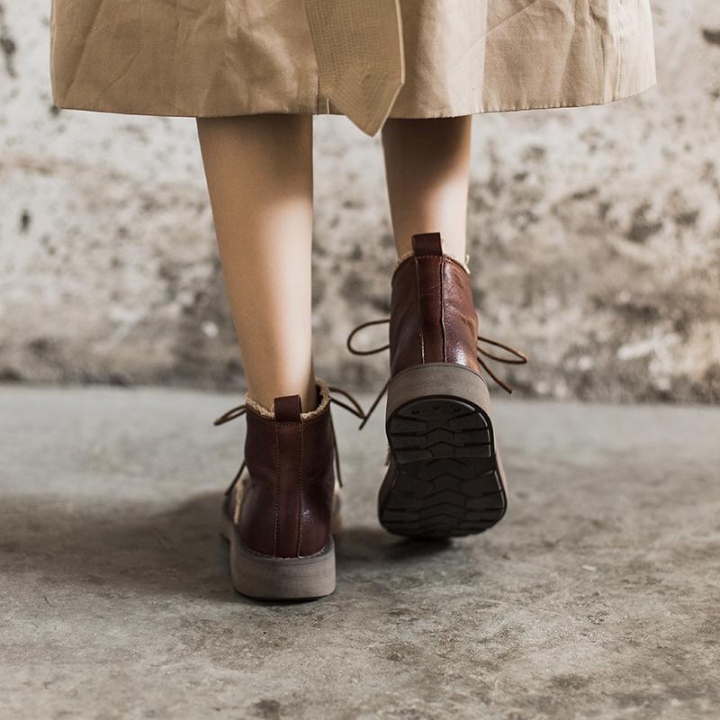 Handmade Sheepskin Combat Boots Designer Retro Chunky Ankle Boots Coffee/Dark Coffee/Black