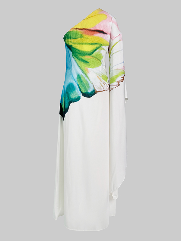Long Sleeves Loose Asymmetric Flower Print One-Shoulder Maxi Dresses