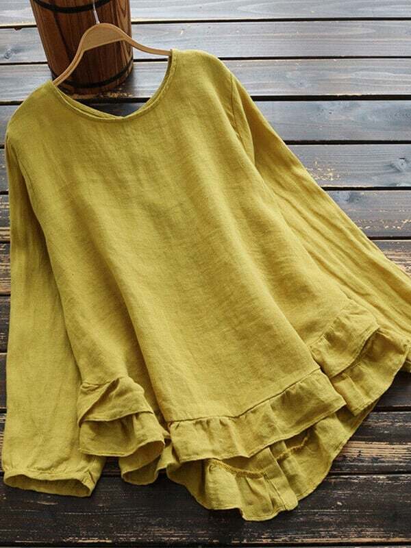 Women's Cotton Linen Solid Color Round Neck Long Sleeve Irregular Hem Shirt