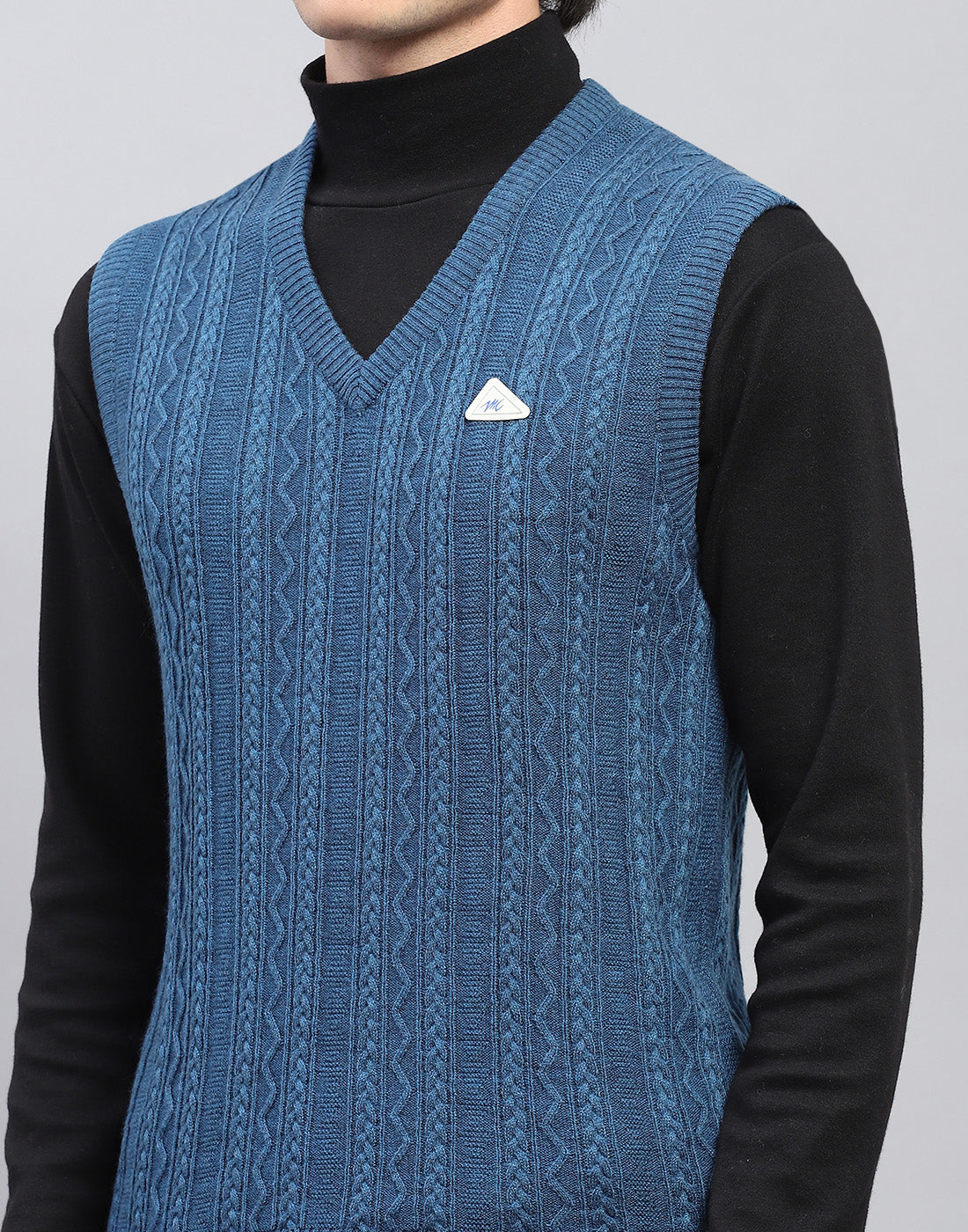 Men Blue Self Design V Neck Sleeveless Sweater