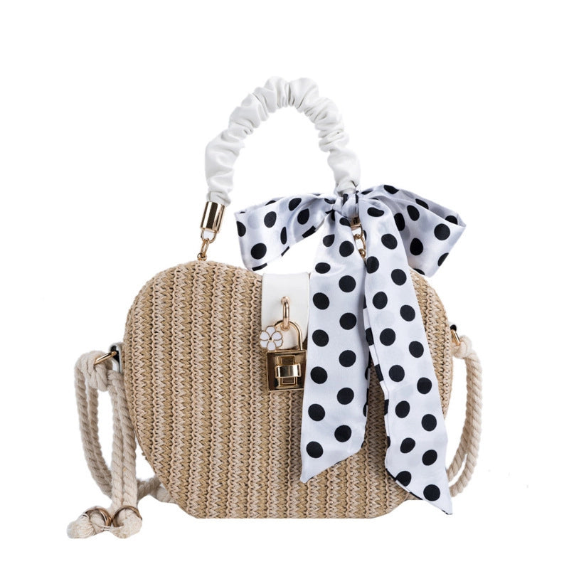 Women's Medium Straw Solid Color Vacation Beach Ribbon Weave Lock Clasp Straw Bag