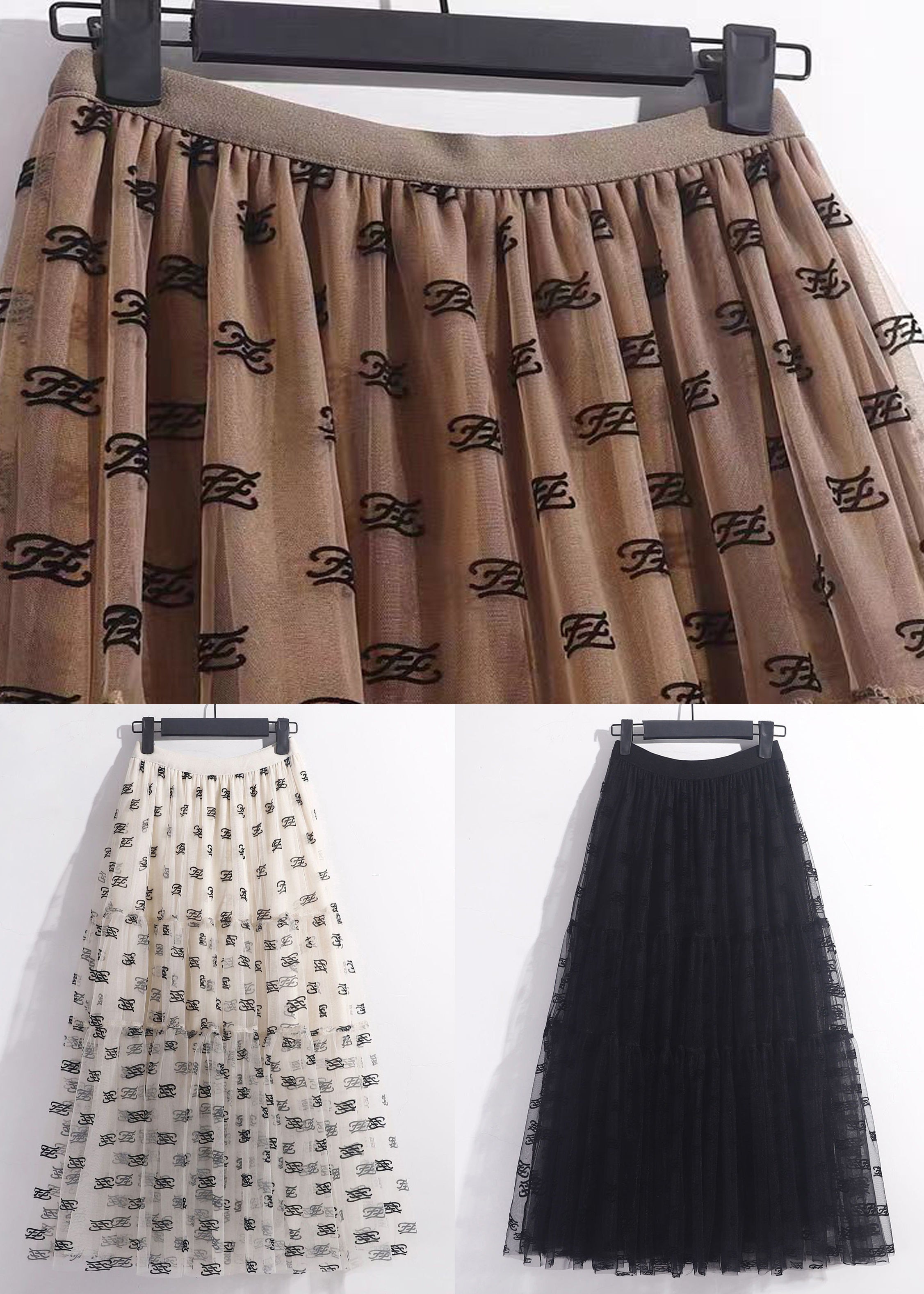 Loose Beige Print Elastic Waist Tulle Skirt Summer