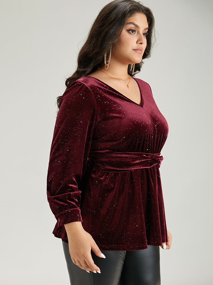 Glitter Sequin Velvet Twist Front V Neck Blouse