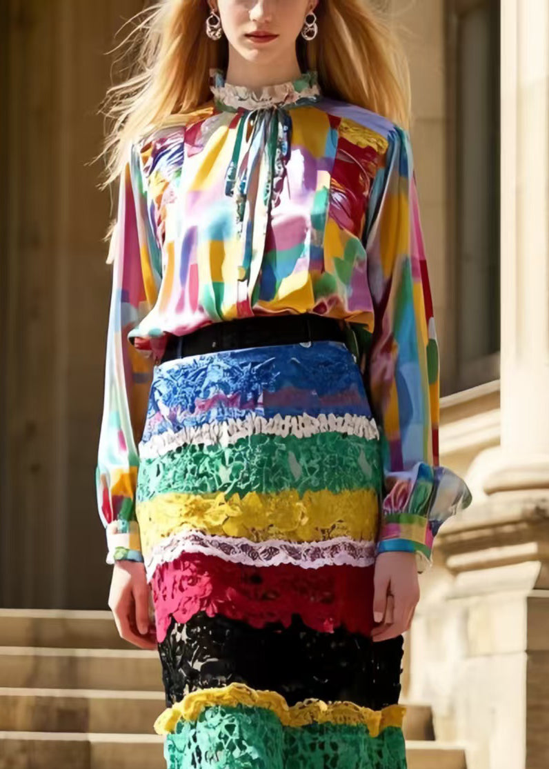 Silm Fit Polychrome Wraped Patchwork Lace Skirt Spring