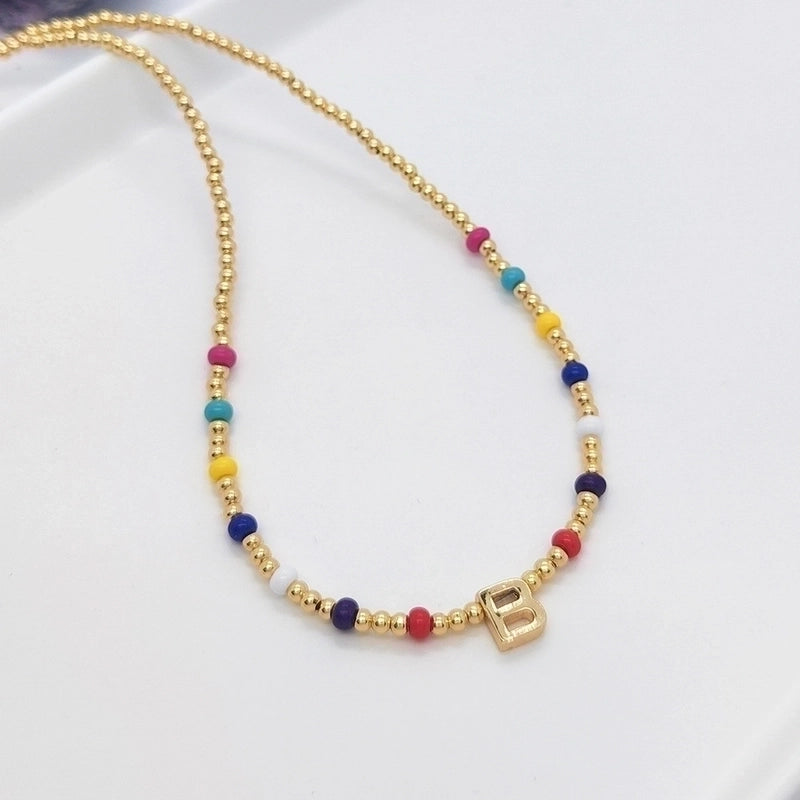 Ig Style Minimalist Letter Glass Copper Beaded Knitting Plating 18k Gold Plated Necklace