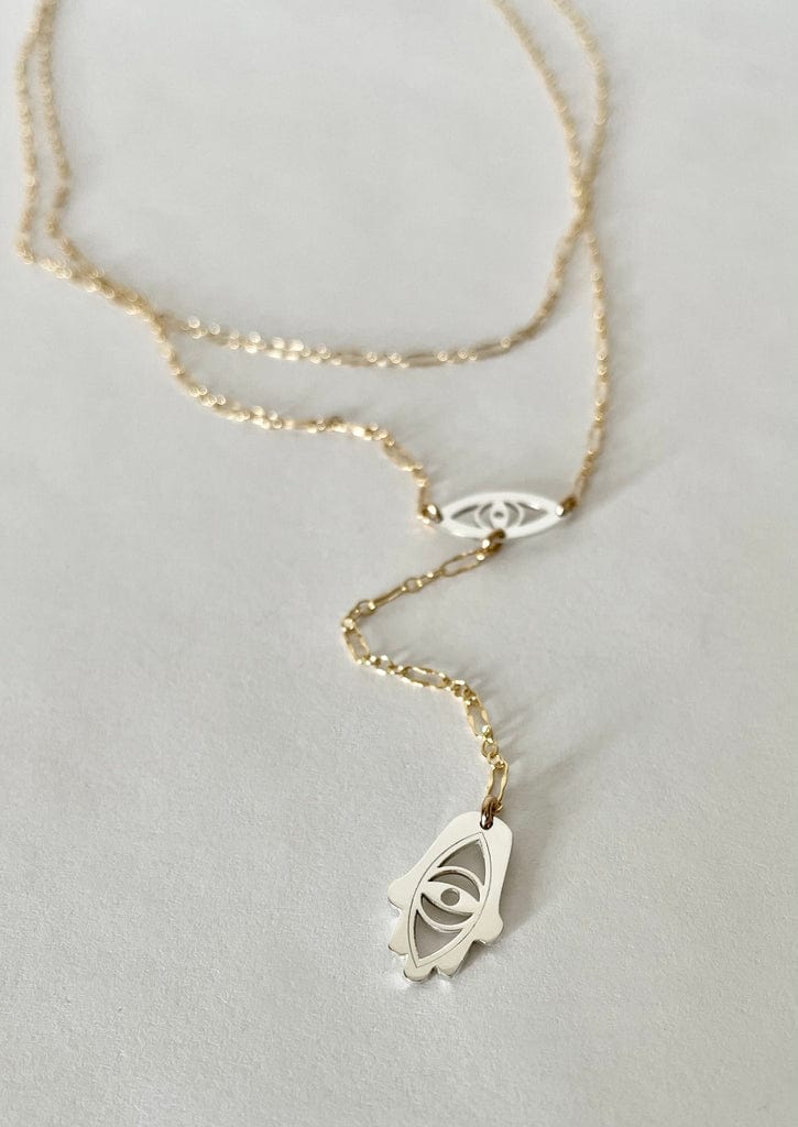 Lia Eye and Hamsa Lariat - Sterling Silver. Gold Plated or Two-Tone