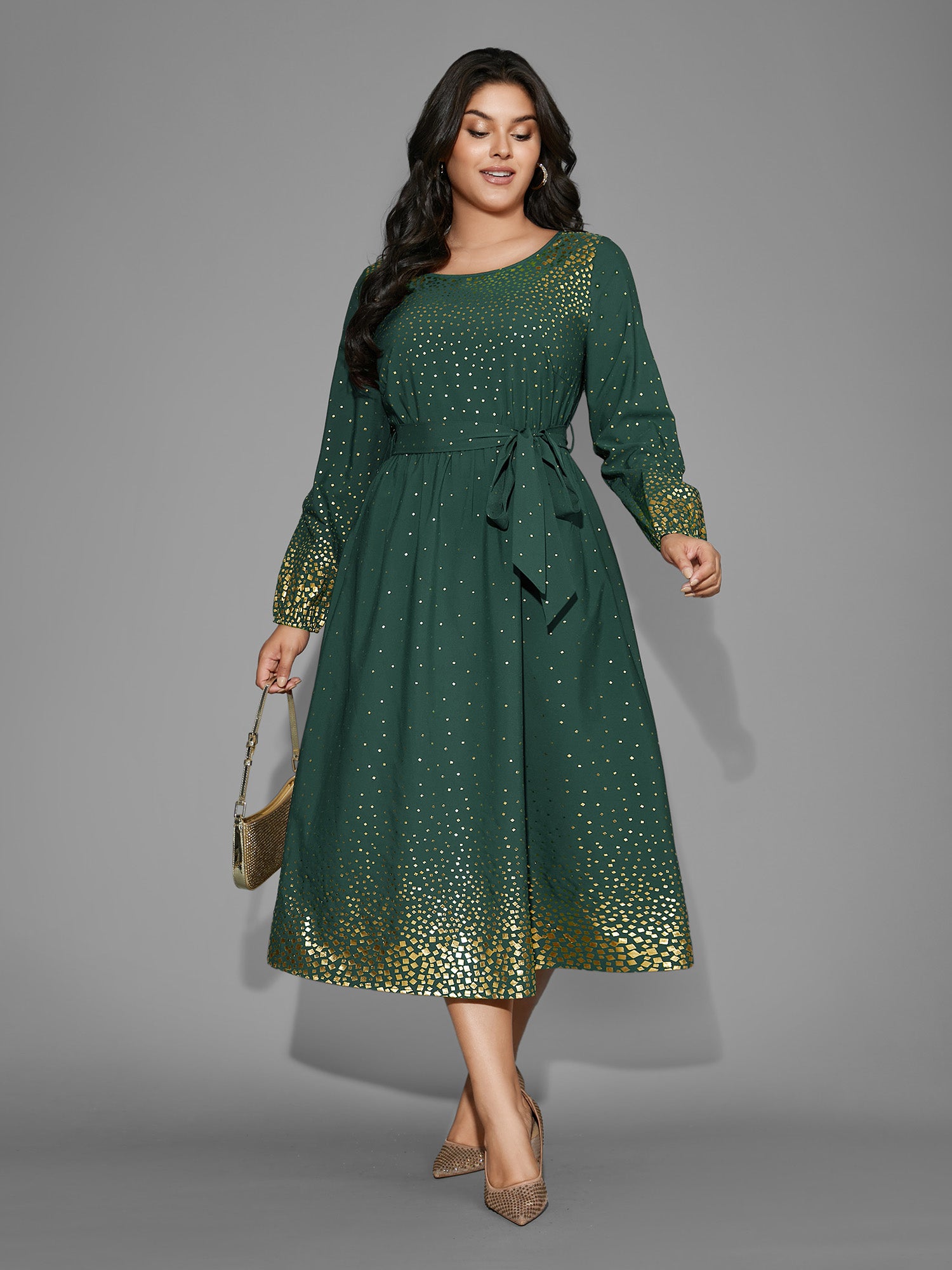 Glitter Round Neck Belted Lantern Sleeve Dress