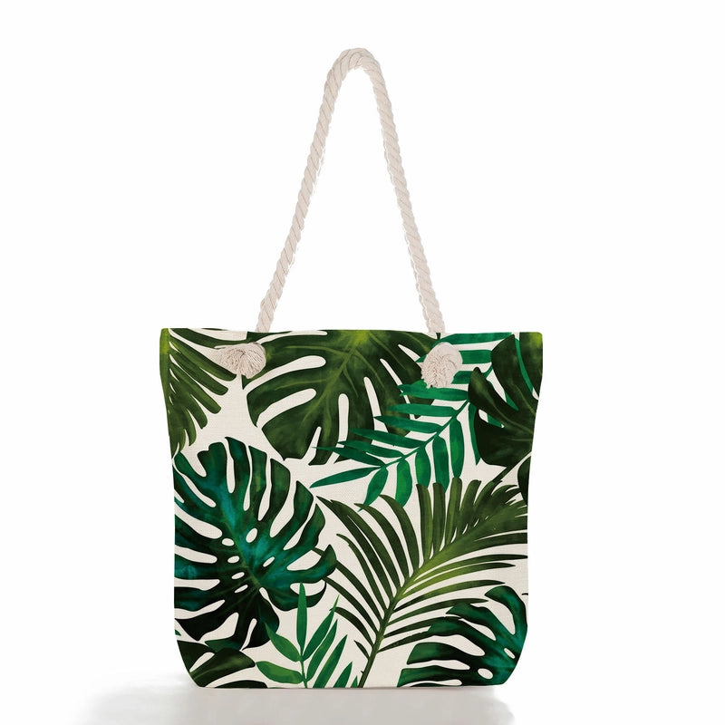 Green Leaf Printed Cotton Rope Bag Large Capacity Shoulder Bag Student Book Tote Bag Printable Logo