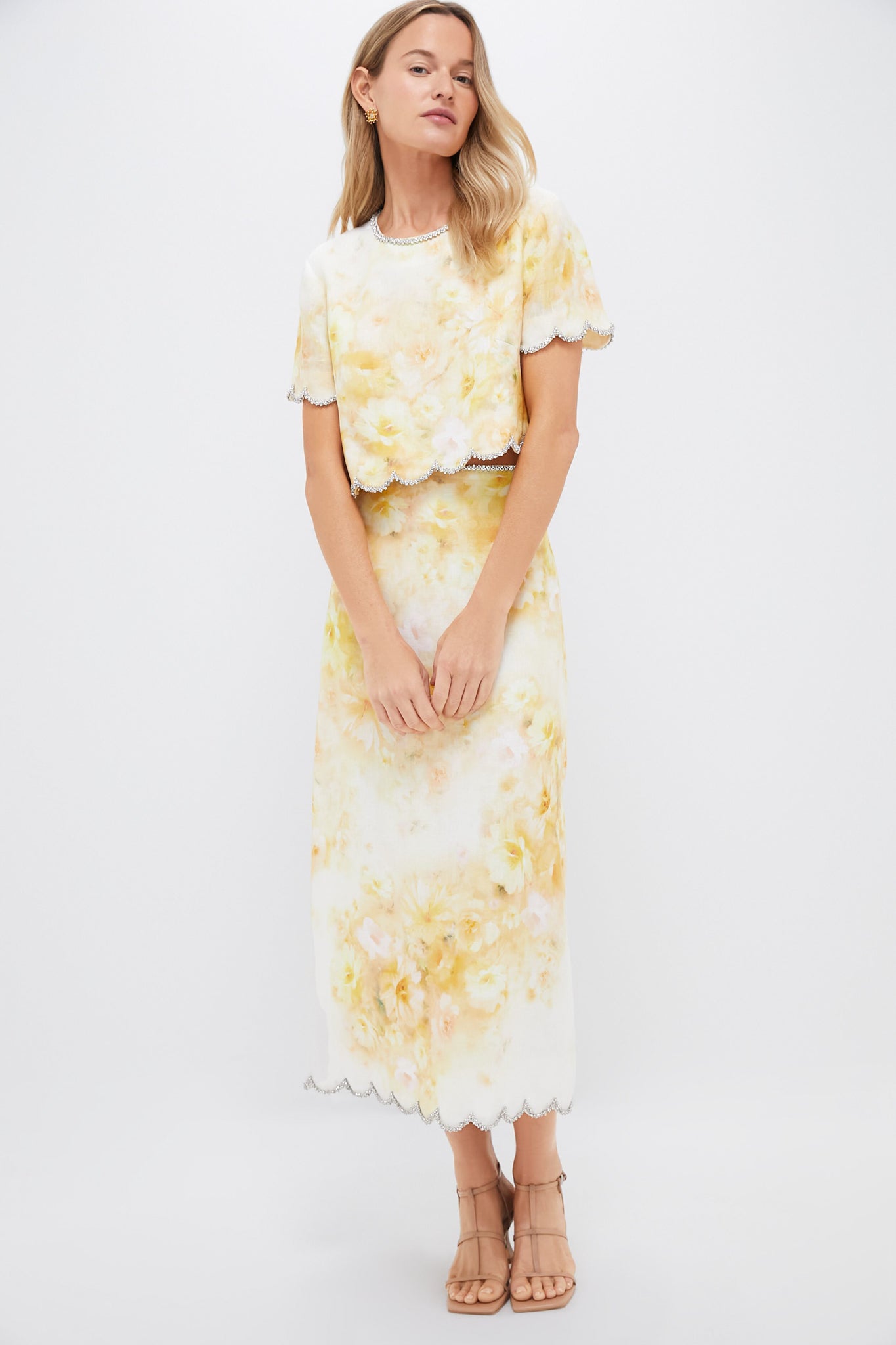 Yellow Floral Crush Scalloped Midi Skirt