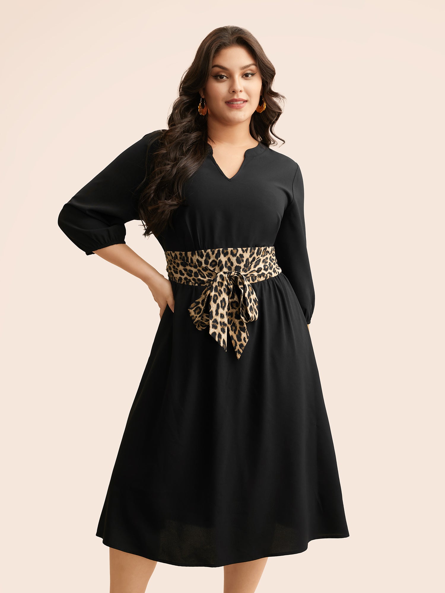 Notched Collar Leopard Print Patchwork Dress