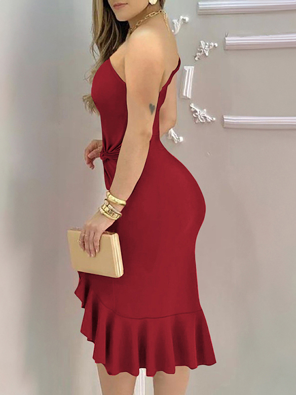 Bodycon High Waisted Asymmetric Pleated Solid Color One-Shoulder Midi Dresses