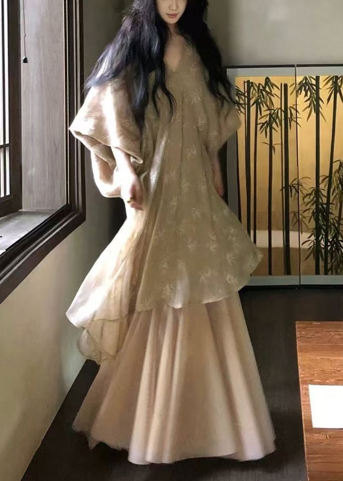 Loose V Neck Tulle Patchwork Cotton Robe Dresses Batwing Sleeve