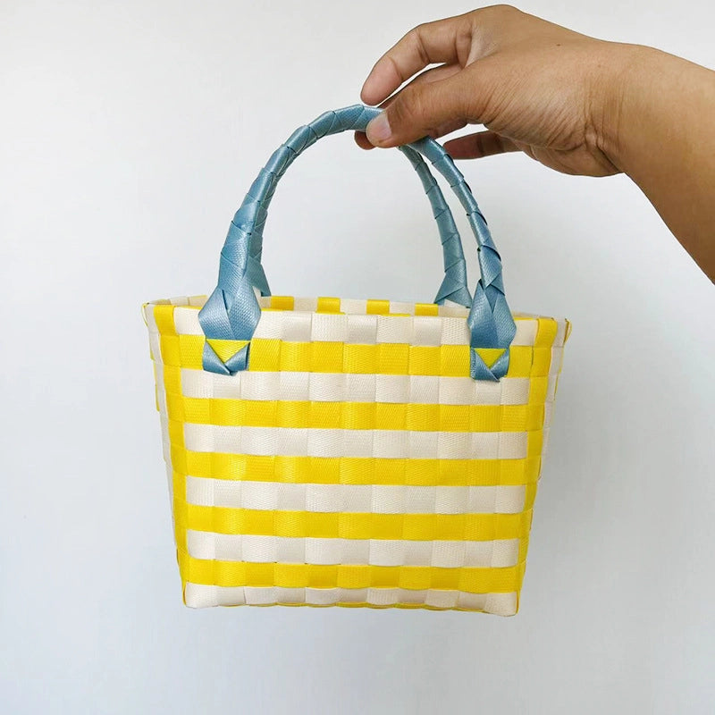Women's PVC Color Block Plaid Vacation Weave Square Open Square Bag