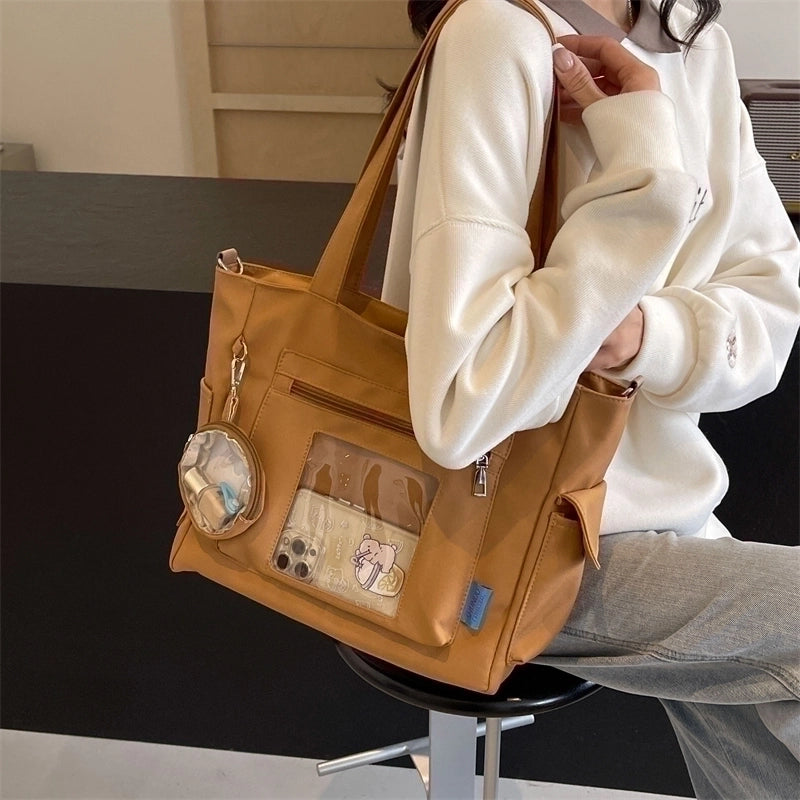 Women's Large Canvas Solid Color Preppy Style Classic Style Zipper Tote Bag